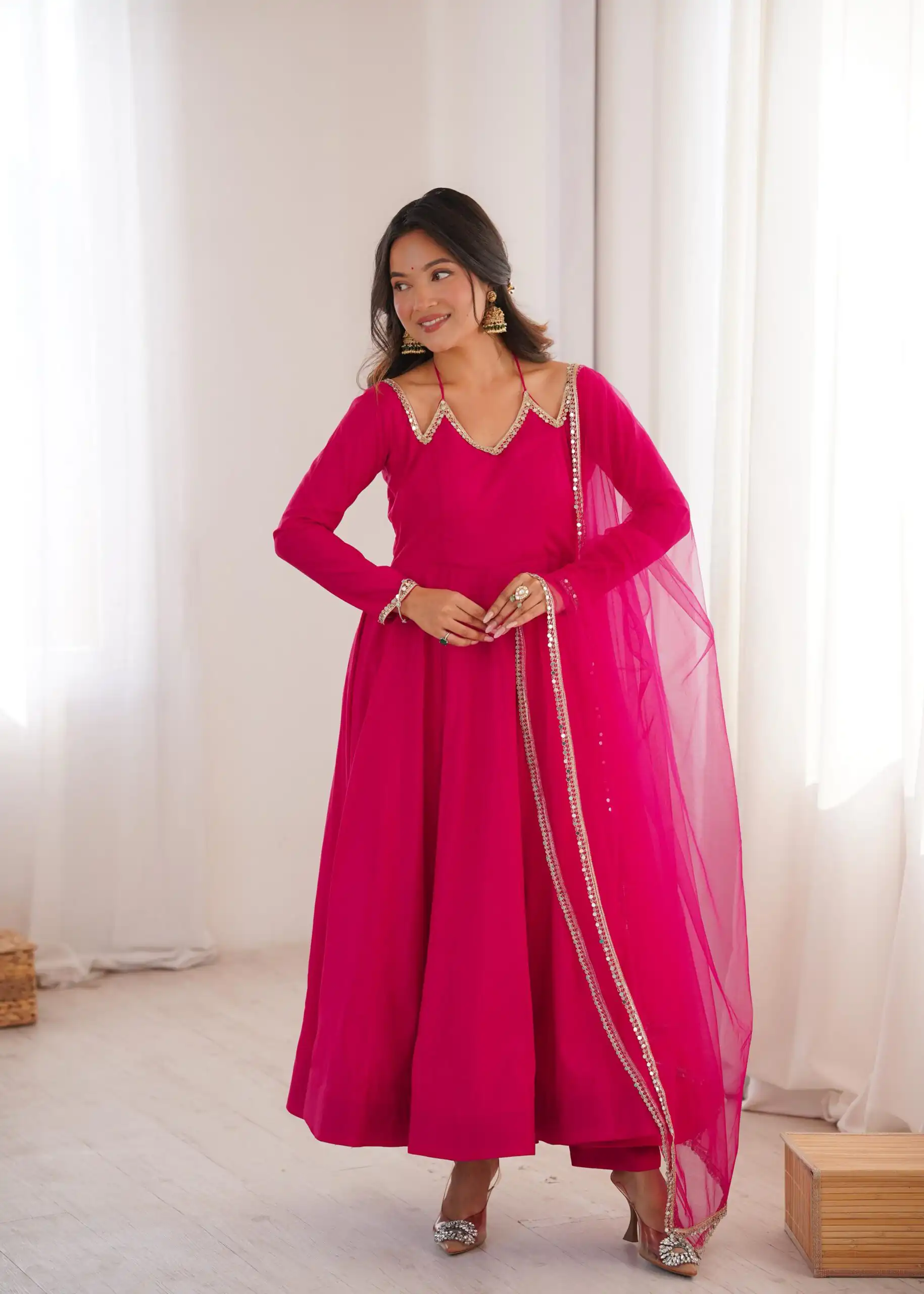 Dark Pink Soft Nylon Net Mirror Lace Work Anarkali Suit - Image 4