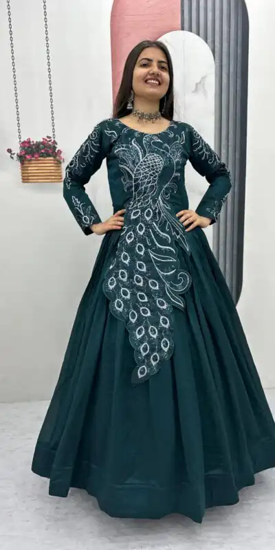 Teal Vichitra Silk Embroider Sequins Work Gown
