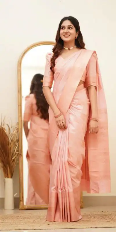 Classic Light Pink Lichi Silk Jacquard Work Saree