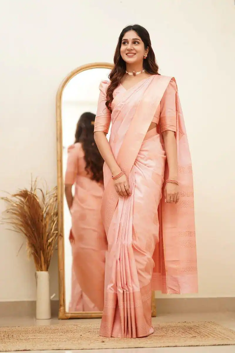 Classic Light Pink Lichi Silk Jacquard Work Saree