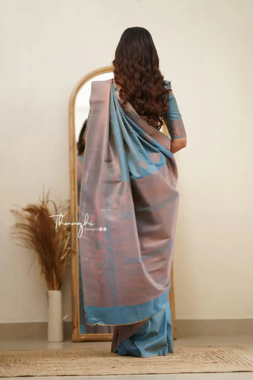 Classic Blue Lichi Silk Jacquard Work Saree - Image 3