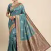 Blue Smooth Satin Gold Butta Zari Work Saree