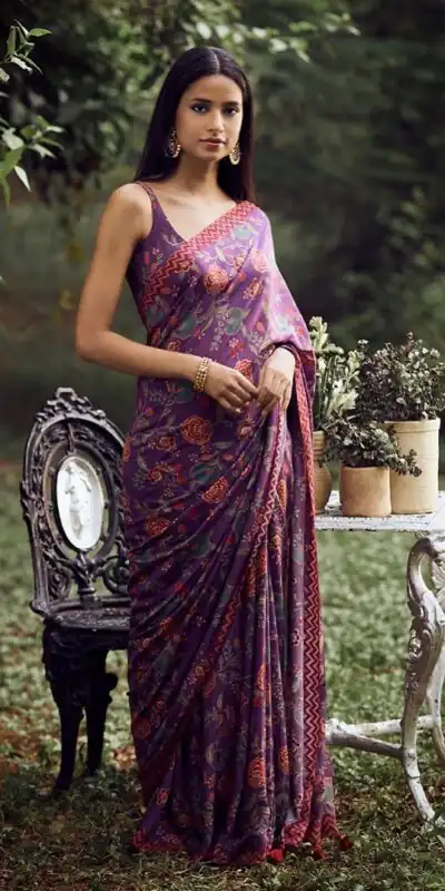Purple Softy Silk Digital Print Lace Work Saree