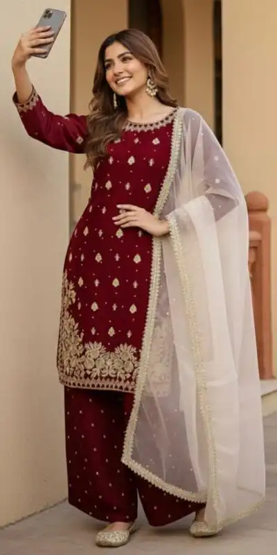 Maroon Zimmy Silk Embroider Work Salwar Suit