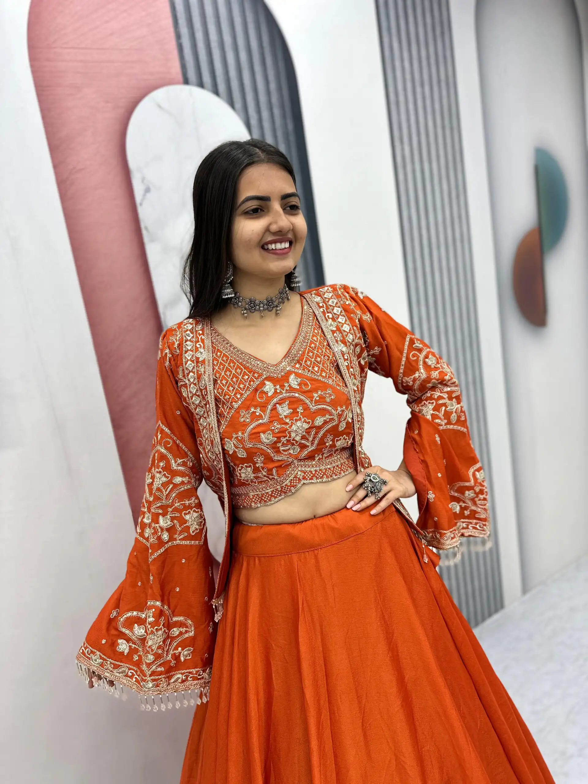 Orange Chinon Silk Thread Work Lehenga Choli - Image 3