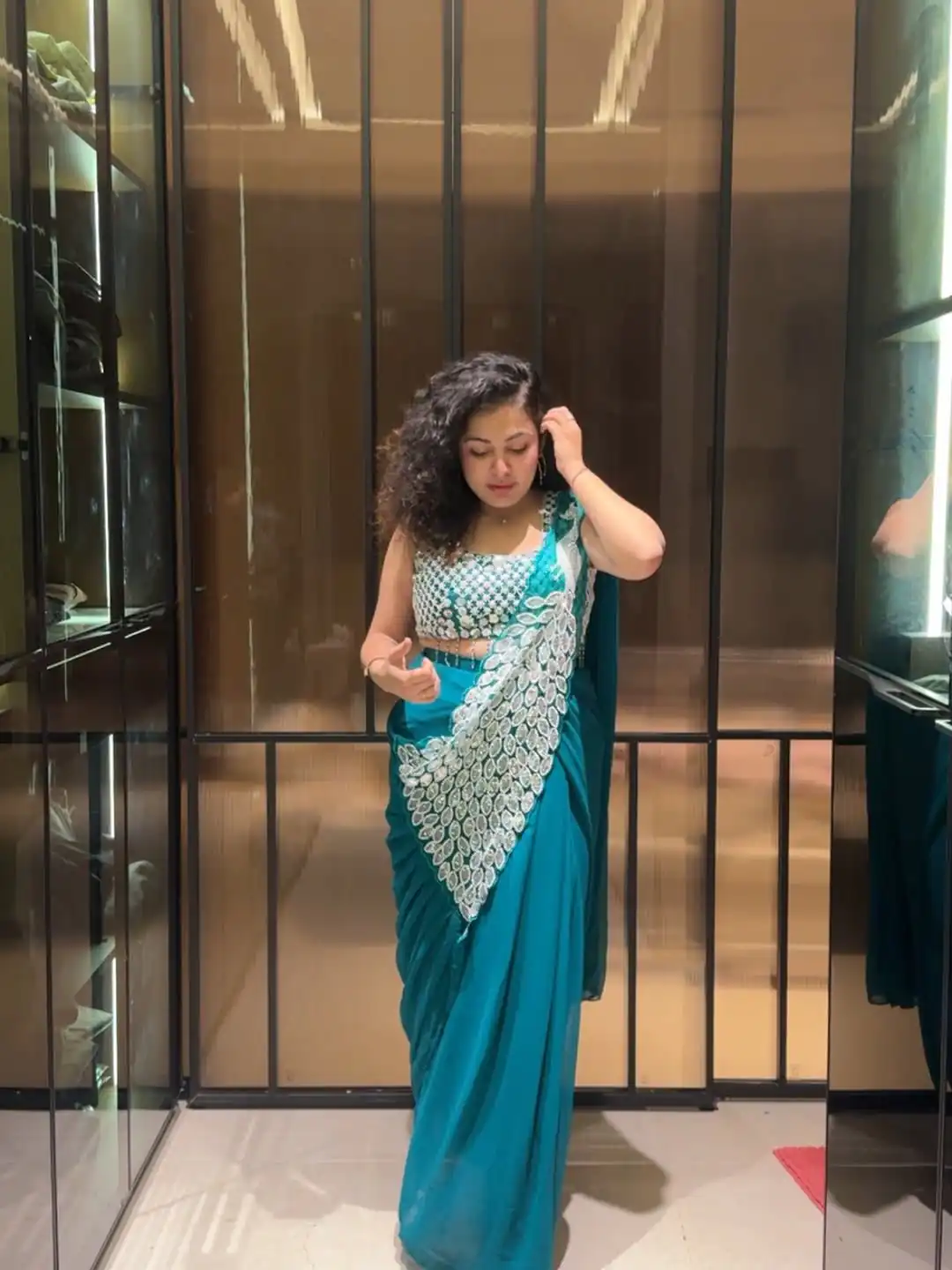 Teal Faux Georgette Embroider Sequins Work Saree