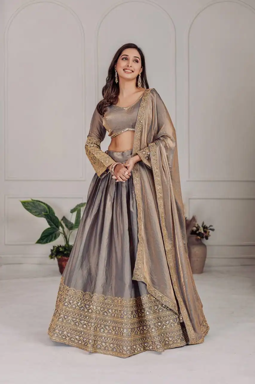 Grey Fendi Embroidery Sequins Work Lehenga Choli