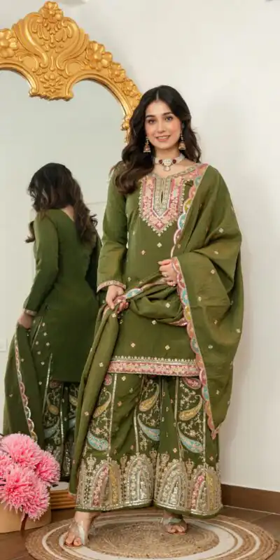 Mehendi Vichitra Silk Embroider Work Salwar Suit