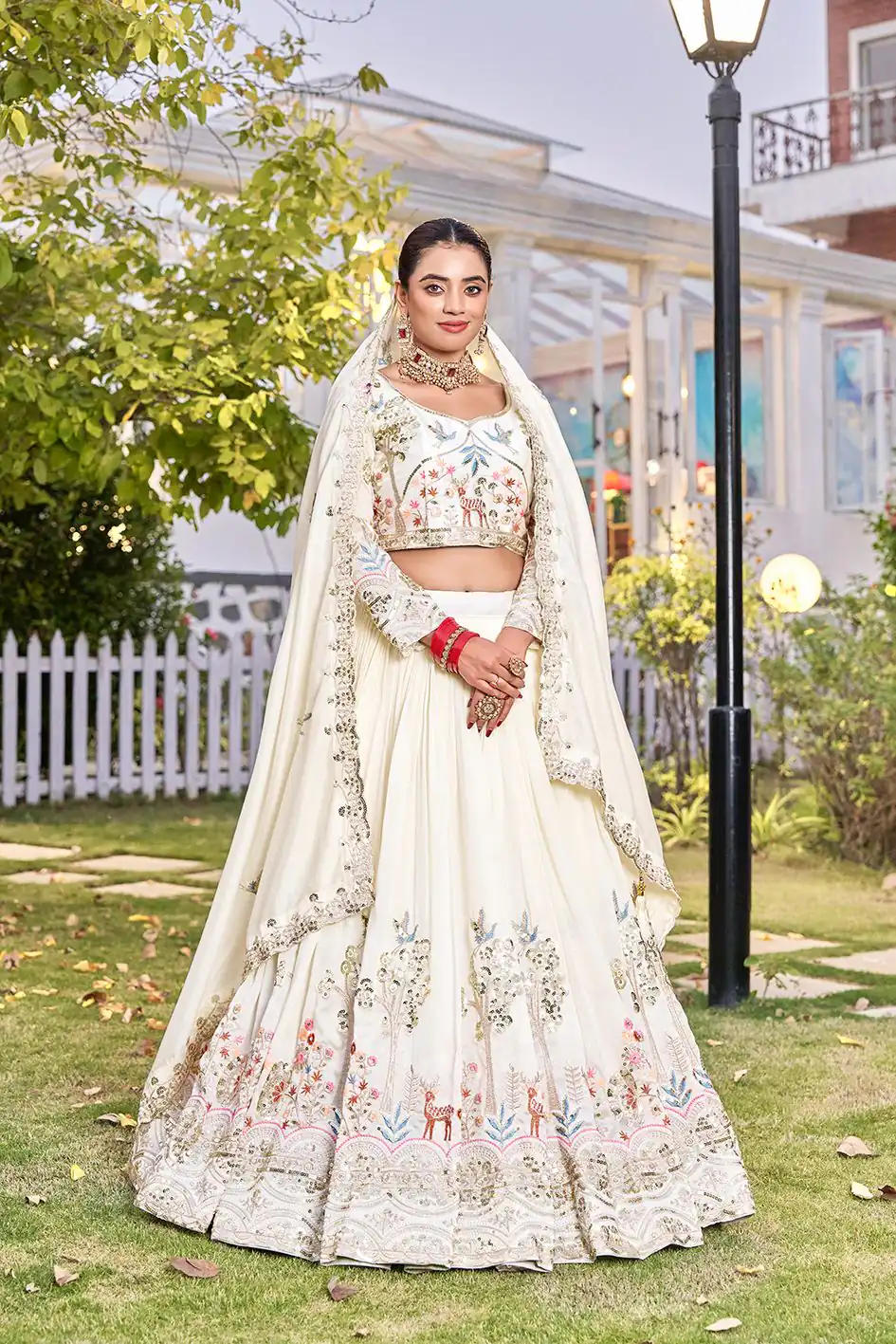 White Vichitra Silk Thread Work Lehenga Choli