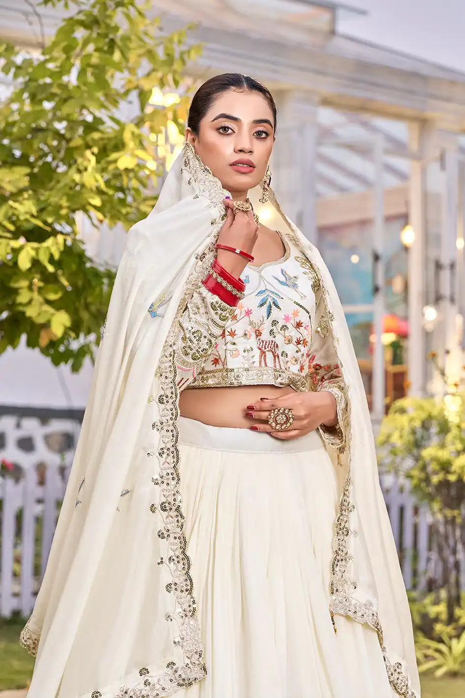 White Vichitra Silk Thread Work Lehenga Choli - Image 3