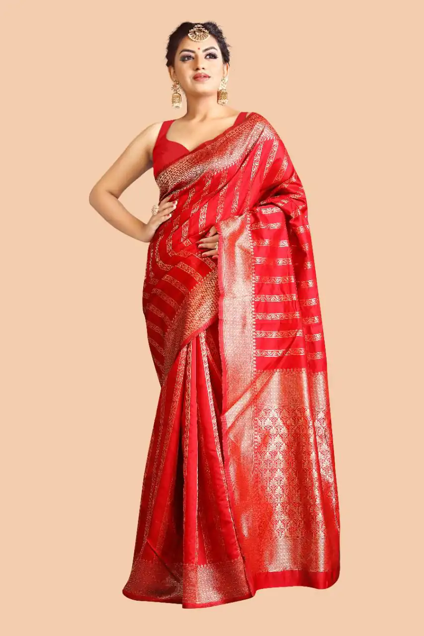 Red Lichi Silk On All Over Border Saree - Image 2