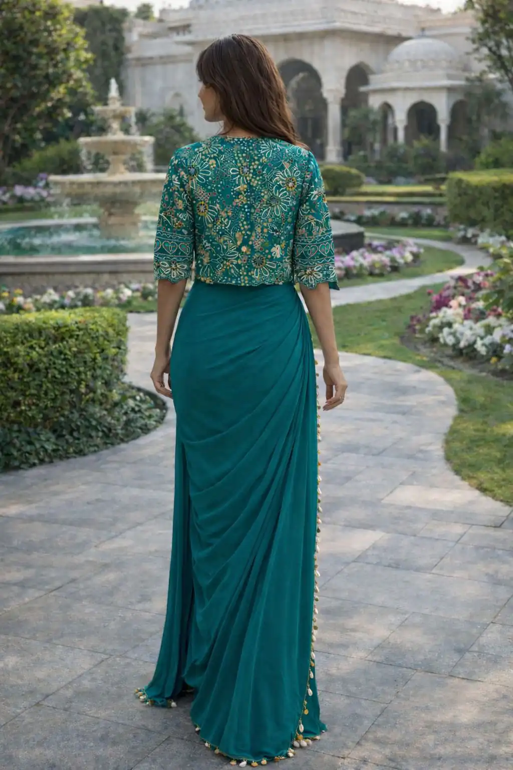 Firozi Crap Silk Embroidery Lace Work Saree - Image 5