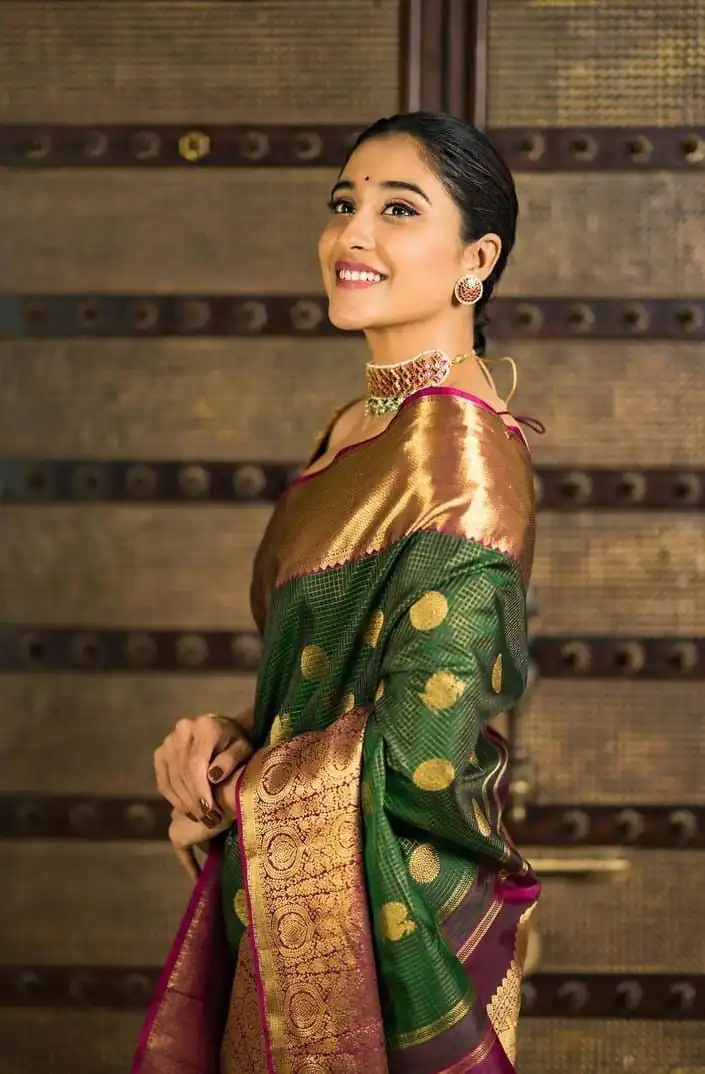 Green Soft Lichi Silk On All Over Border Saree - Image 4