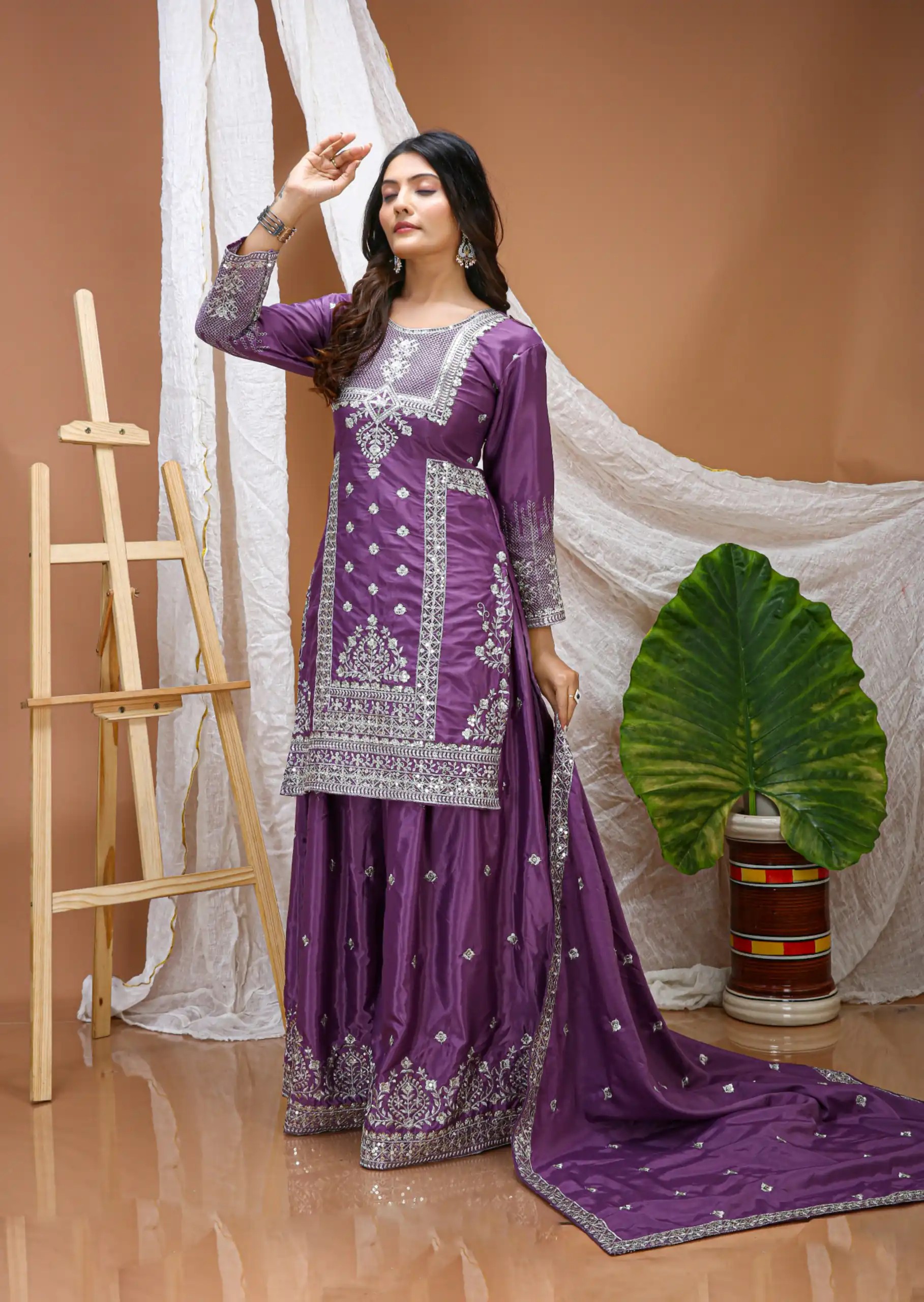 Purple Natural Crap Embroidery Work Salwar Suit