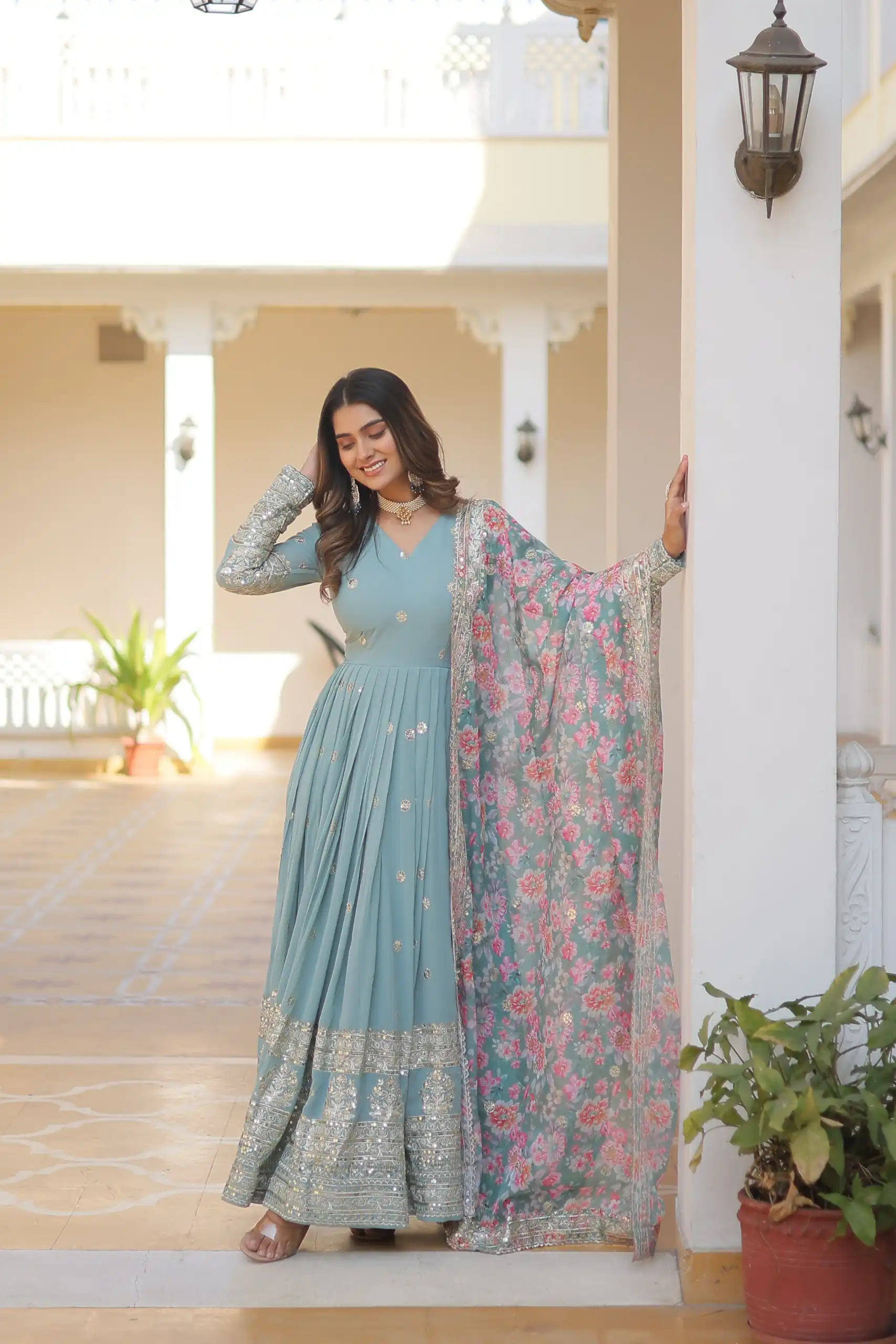 Sky Blue Faux Georgette With Embroidery Work Gown - Image 5