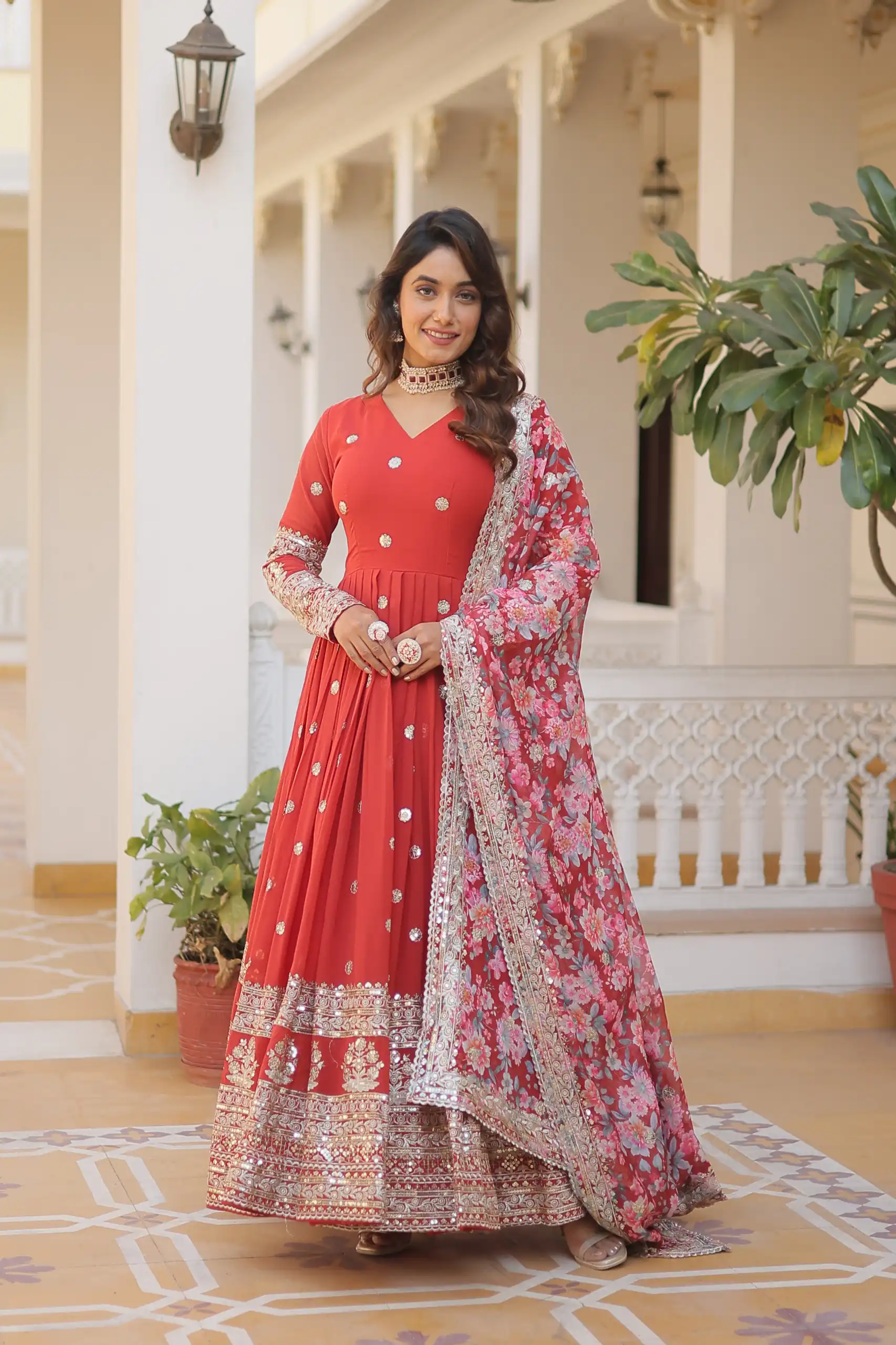Red Faux Georgette With Embroidery Work Gown - Image 3