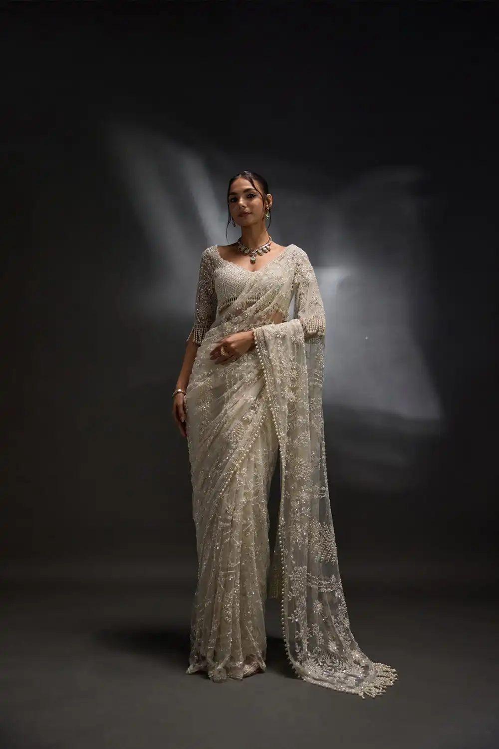 Silver Mono Net Embroidery Sequins Work Saree - Image 4