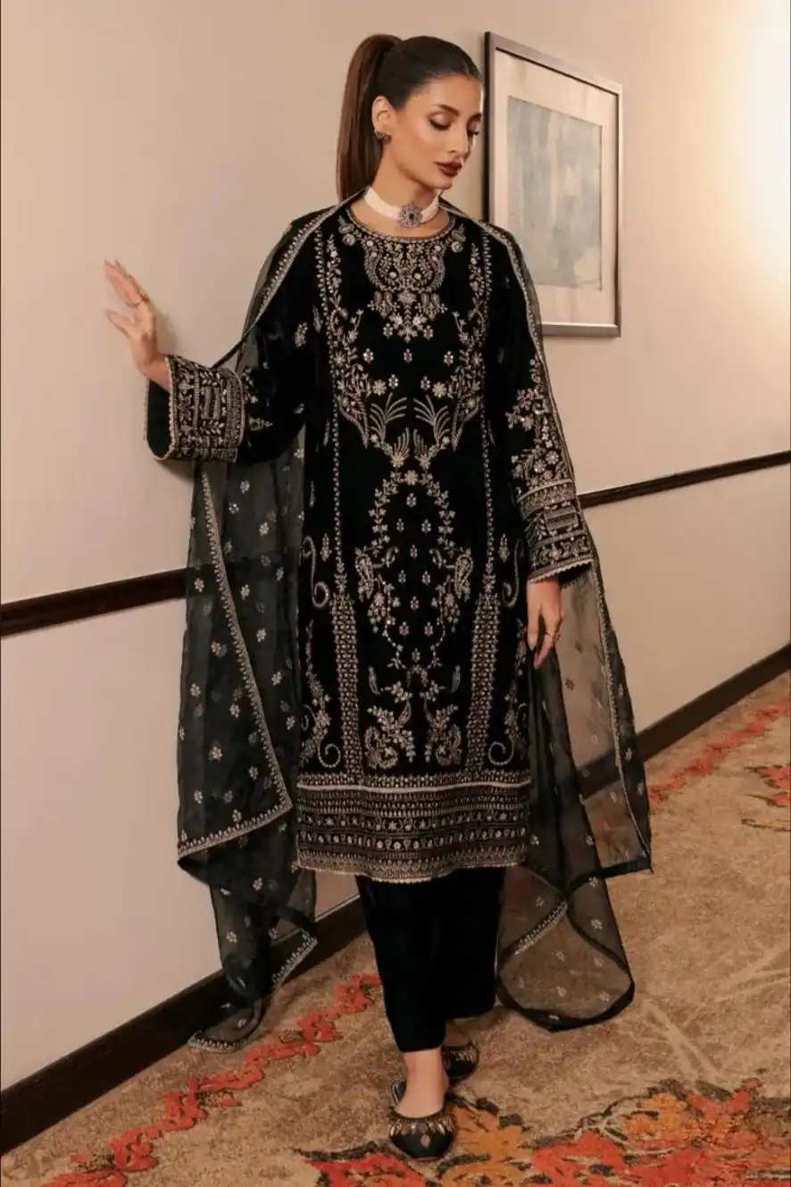 Black Korean Satin Silk Embroidery Work Salwar Suit