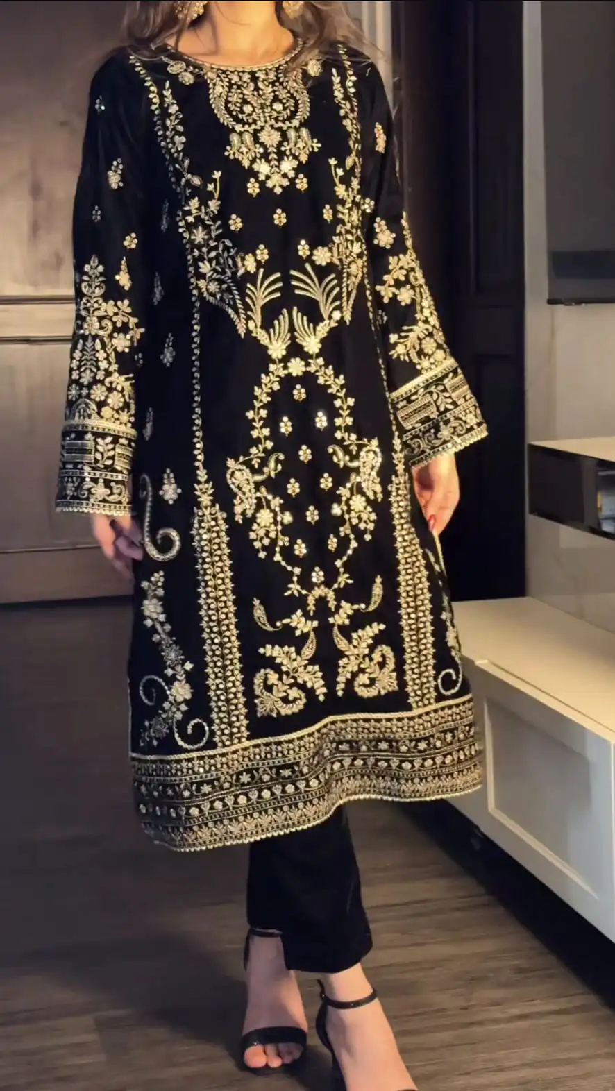 Black Korean Satin Silk Embroidery Work Salwar Suit - Image 2