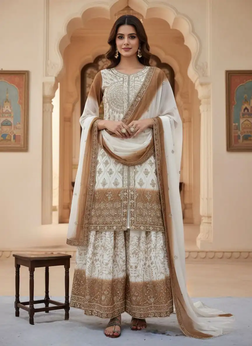 Brown Dual Star Georgette Embroider Work Salwar Suit