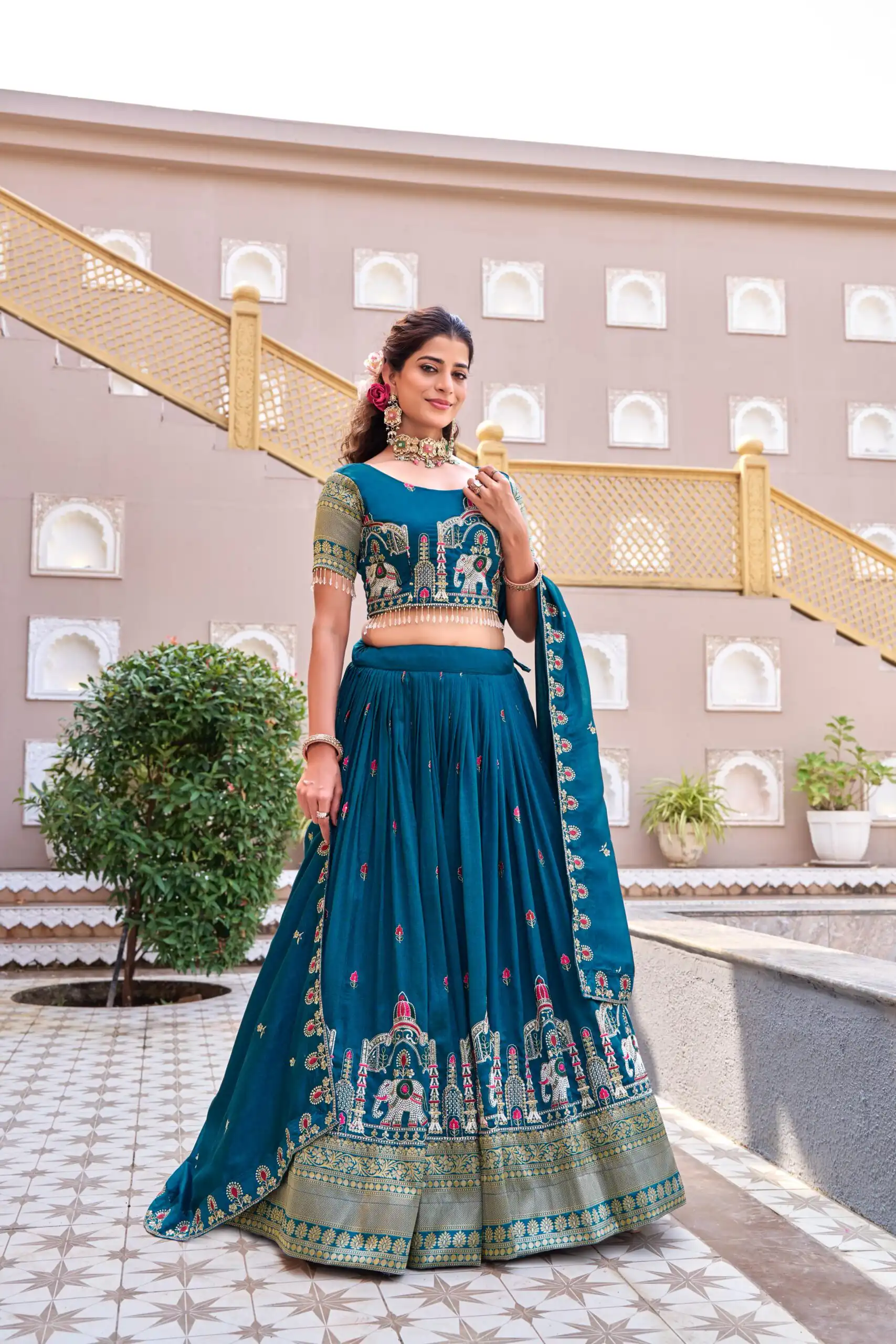 Special Teal Vichitra Silk Thread Work Lehenga Choli - Image 3