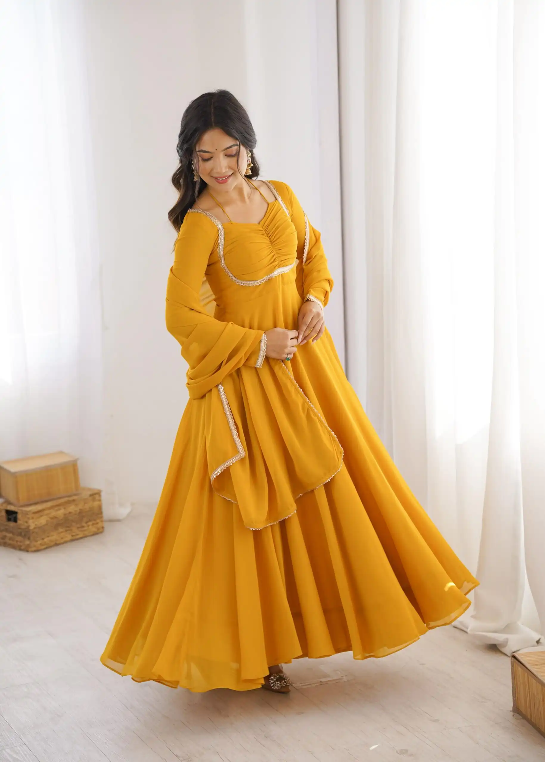 Superb Yellow Fox Blooming Georgette Lace Work Gown - Image 5