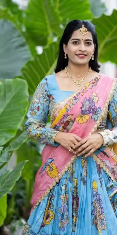 PC 546 Blue in Cotton. Kalamkari Print Lehenga Choli Wedding, Party, Festive, Events, Now at just ₹2099. Delivery 4-6 Working Days. Shop now. | Bollywood Lehenga, Creative Lehenga, Designer Lehenga, Embroidered Lehenga, Lehenga, Party Wear Lehenga