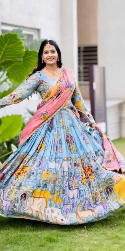 PC 546 Blue in Cotton. Kalamkari Print Lehenga Choli Wedding, Party, Festive, Events, Now at just ₹2099. Delivery 4-6 Working Days. Shop now. | Bollywood Lehenga, Creative Lehenga, Designer Lehenga, Embroidered Lehenga, Lehenga, Party Wear Lehenga