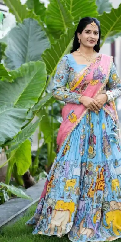 PC 546 Blue in Cotton. Kalamkari Print Lehenga Choli Wedding, Party, Festive, Events, Now at just ₹2099. Delivery 4-6 Working Days. Shop now. | Bollywood Lehenga, Creative Lehenga, Designer Lehenga, Embroidered Lehenga, Lehenga, Party Wear Lehenga