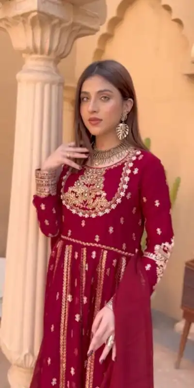 WW 1206 Red Color Fox Blooming Georgette Gown with Lace Work. Affordable Price ₹2399. Delivery 4-6 Working Days. Shop now. | Bollywood Gowns, Creative Gowns, Designer Gowns, Embroidered Gowns, Gowns, Party Wear Gowns