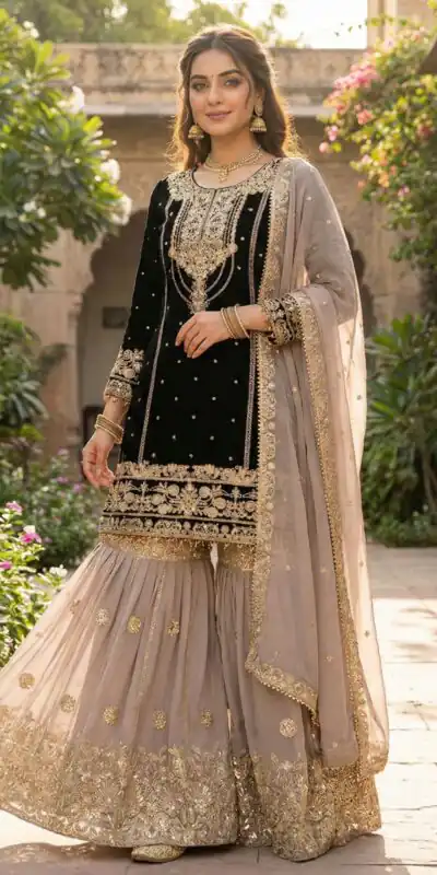 SR 1706 Black Faux Georgette Gown Perfect for Wedding, Party, Makar Sankranti, Karwa Chauth, Ethnic Day – . Now at just ₹1949. Delivery 4-6 Working D | Jump Suits, Straight Suits, Casual Suits, Creative suits, Designer Suits, Palazzo Suits, Party Wear Suits, Patiala Suits, Salwar suit