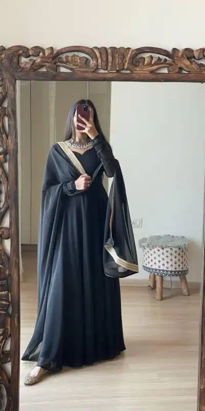 FB L226 Black Faux Georgette Gown Perfect for Wedding, Party, Makar Sankranti, Karwa Chauth, Ethnic Day – . Now at just ₹1799. Delivery 4-6 Working D | Bollywood Gowns, Creative Gowns, Designer Gowns, Embroidered Gowns, Gowns, Party Wear Gowns