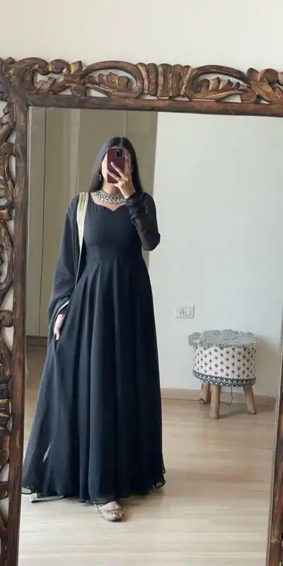 FB L226 Black Faux Georgette Gown Perfect for Wedding, Party, Makar Sankranti, Karwa Chauth, Ethnic Day – . Now at just ₹1799. Delivery 4-6 Working D | Bollywood Gowns, Creative Gowns, Designer Gowns, Embroidered Gowns, Gowns, Party Wear Gowns