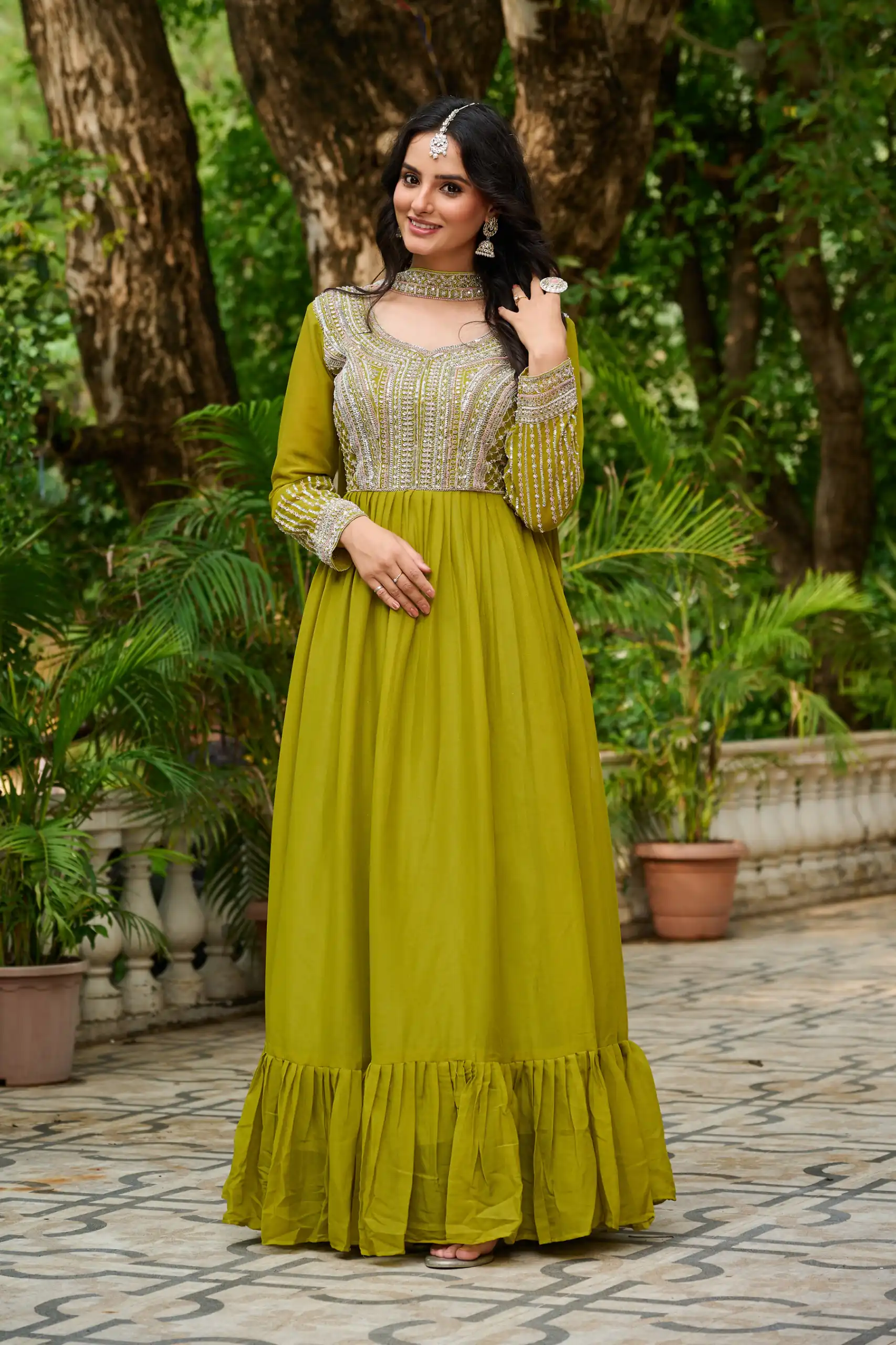 KA 1151 Green Faux Georgette Gown Perfect for Wedding, Party, Makar Sankranti, Karwa Chauth, Ethnic Day – . Now at just ₹2399. Delivery 4-6 Working D | Bollywood Gowns, Creative Gowns, Designer Gowns, Embroidered Gowns, Gowns, Party Wear Gowns