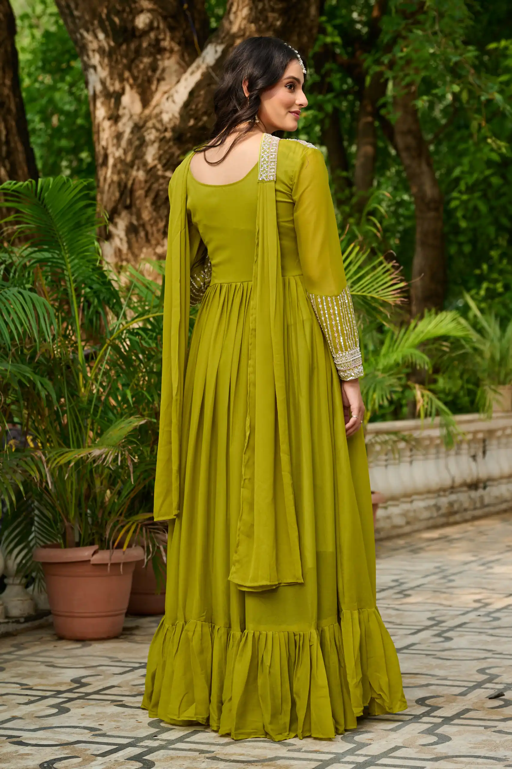 KA 1151 Green Faux Georgette Gown Perfect for Wedding, Party, Makar Sankranti, Karwa Chauth, Ethnic Day – . Now at just ₹2399. Delivery 4-6 Working D | Bollywood Gowns, Creative Gowns, Designer Gowns, Embroidered Gowns, Gowns, Party Wear Gowns