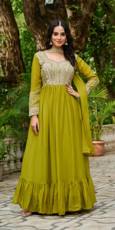 KA 1151 Green Faux Georgette Gown Perfect for Wedding, Party, Makar Sankranti, Karwa Chauth, Ethnic Day – . Now at just ₹2399. Delivery 4-6 Working D | Bollywood Gowns, Creative Gowns, Designer Gowns, Embroidered Gowns, Gowns, Party Wear Gowns