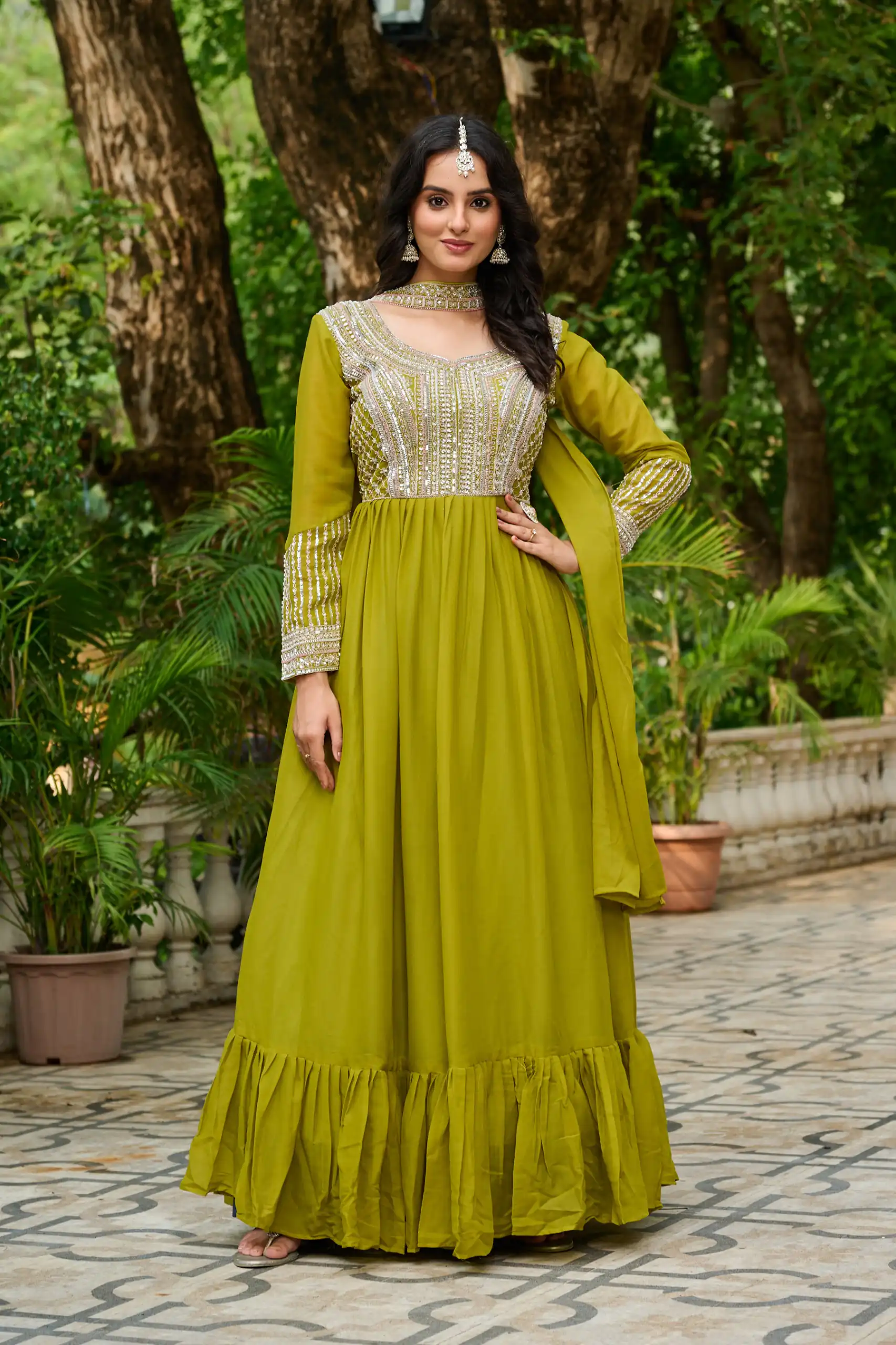 KA 1151 Green Faux Georgette Gown Perfect for Wedding, Party, Makar Sankranti, Karwa Chauth, Ethnic Day – . Now at just ₹2399. Delivery 4-6 Working D | Bollywood Gowns, Creative Gowns, Designer Gowns, Embroidered Gowns, Gowns, Party Wear Gowns