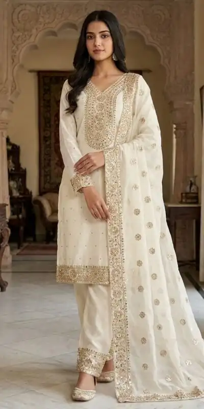 JF 040 Off White Fendy Silk Salwar Suitwith Embroidery Work & Lace Work. Now at just ₹2049. Delivery 4-6 Working Days. Shop now. | Jump Suits, Straight Suits, Casual Suits, Creative suits, Designer Suits, Palazzo Suits, Party Wear Suits, Patiala Suits, Salwar suit