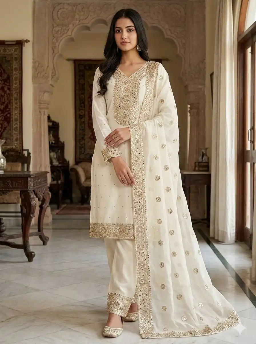 JF 040 Off White Fendy Silk Salwar Suitwith Embroidery Work & Lace Work. Now at just ₹2049. Delivery 4-6 Working Days. Shop now. | Jump Suits, Straight Suits, Casual Suits, Creative suits, Designer Suits, Palazzo Suits, Party Wear Suits, Patiala Suits, Salwar suit