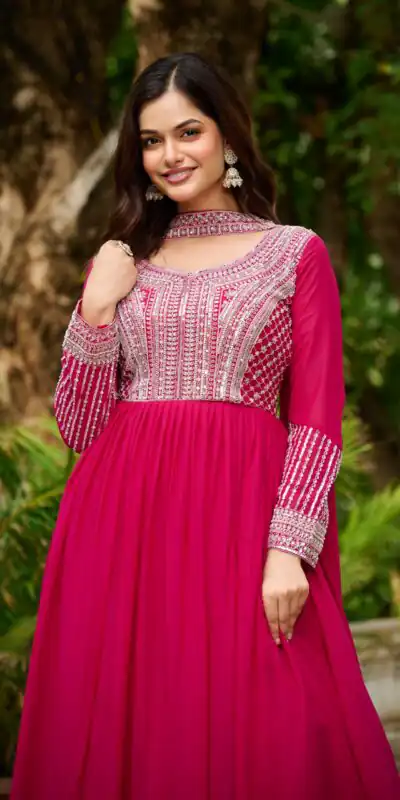 KA 1151 Pink Faux Georgette Gown Perfect for Wedding, Party, Makar Sankranti, Karwa Chauth, Ethnic Day – . Now at just ₹2399. Delivery 4-6 Working D | Bollywood Gowns, Creative Gowns, Designer Gowns, Embroidered Gowns, Gowns, Party Wear Gowns