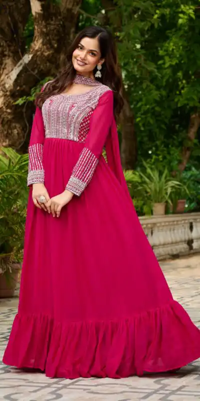 KA 1151 Pink Faux Georgette Gown Perfect for Wedding, Party, Makar Sankranti, Karwa Chauth, Ethnic Day – . Now at just ₹2399. Delivery 4-6 Working D | Bollywood Gowns, Creative Gowns, Designer Gowns, Embroidered Gowns, Gowns, Party Wear Gowns