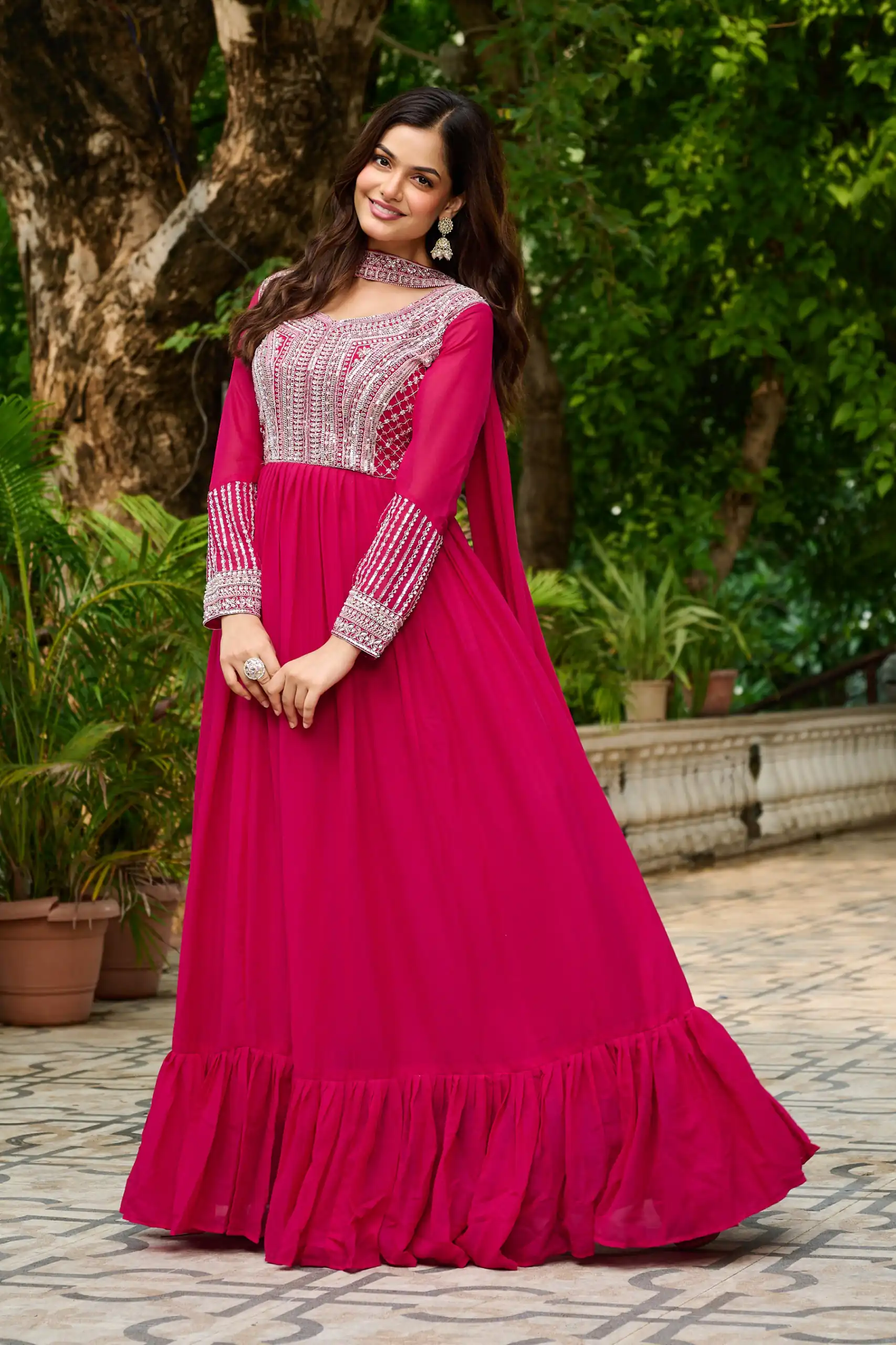 KA 1151 Pink Faux Georgette Gown Perfect for Wedding, Party, Makar Sankranti, Karwa Chauth, Ethnic Day – . Now at just ₹2399. Delivery 4-6 Working D | Bollywood Gowns, Creative Gowns, Designer Gowns, Embroidered Gowns, Gowns, Party Wear Gowns