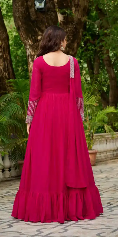 KA 1151 Pink Faux Georgette Gown Perfect for Wedding, Party, Makar Sankranti, Karwa Chauth, Ethnic Day – . Now at just ₹2399. Delivery 4-6 Working D | Bollywood Gowns, Creative Gowns, Designer Gowns, Embroidered Gowns, Gowns, Party Wear Gowns