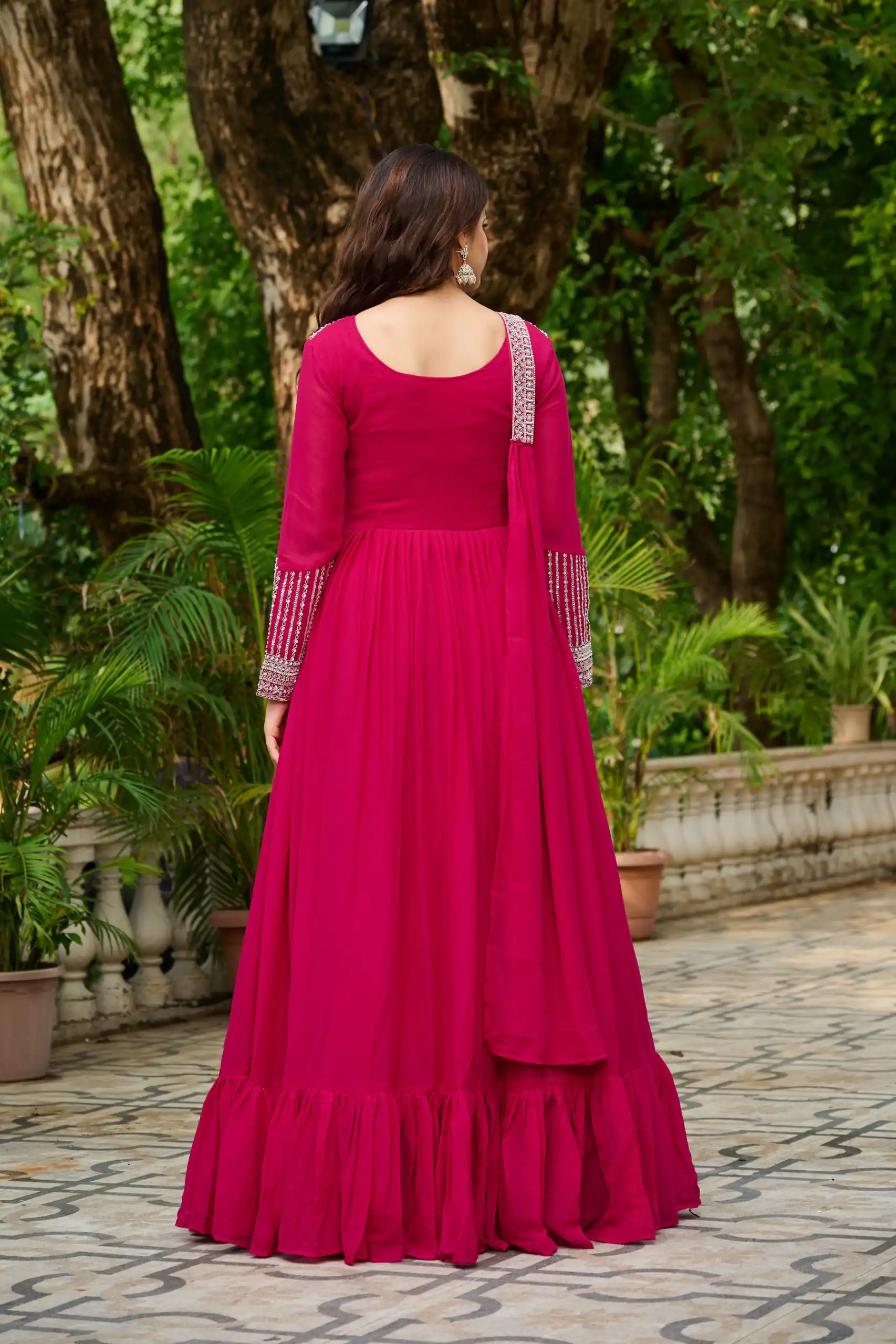 KA 1151 Pink Faux Georgette Gown Perfect for Wedding, Party, Makar Sankranti, Karwa Chauth, Ethnic Day – . Now at just ₹2399. Delivery 4-6 Working D | Bollywood Gowns, Creative Gowns, Designer Gowns, Embroidered Gowns, Gowns, Party Wear Gowns