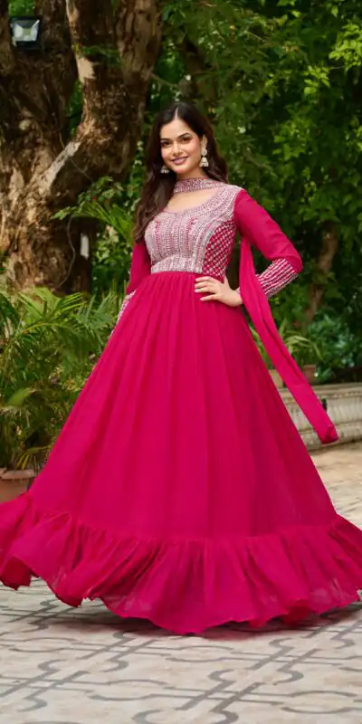 KA 1151 Pink Faux Georgette Gown Perfect for Wedding, Party, Makar Sankranti, Karwa Chauth, Ethnic Day – . Now at just ₹2399. Delivery 4-6 Working D | Bollywood Gowns, Creative Gowns, Designer Gowns, Embroidered Gowns, Gowns, Party Wear Gowns