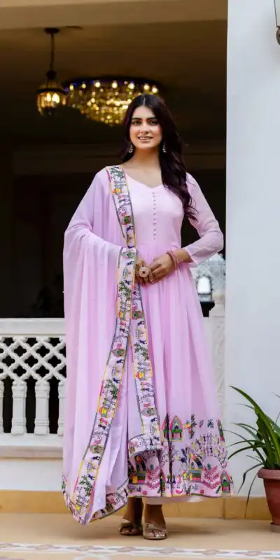 RR 41 Pink Faux Georgette Gown Perfect for Wedding, Party, Makar Sankranti, Karwa Chauth, Ethnic Day – . Now at just ₹2599. Delivery 4-6 Working D | Bollywood Gowns, Creative Gowns, Designer Gowns, Embroidered Gowns, Gowns, Party Wear Gowns