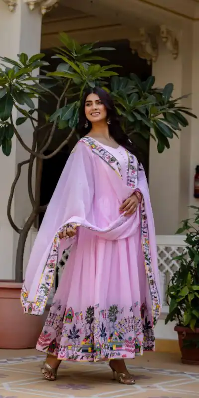 RR 41 Pink Faux Georgette Gown Perfect for Wedding, Party, Makar Sankranti, Karwa Chauth, Ethnic Day – . Now at just ₹2599. Delivery 4-6 Working D | Bollywood Gowns, Creative Gowns, Designer Gowns, Embroidered Gowns, Gowns, Party Wear Gowns