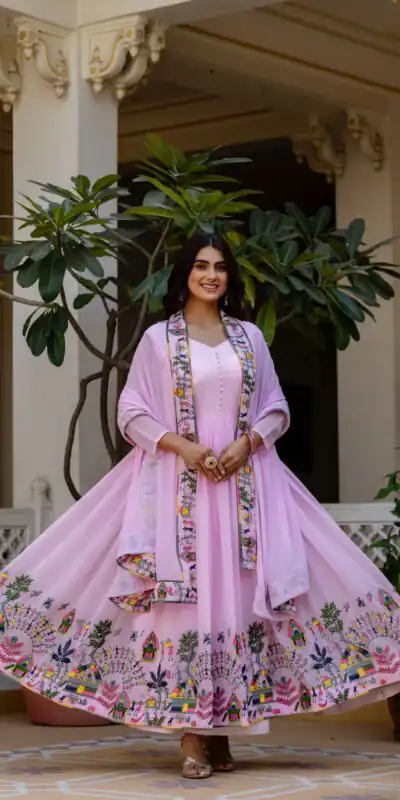 RR 41 Pink Faux Georgette Gown Perfect for Wedding, Party, Makar Sankranti, Karwa Chauth, Ethnic Day – . Now at just ₹2599. Delivery 4-6 Working D | Bollywood Gowns, Creative Gowns, Designer Gowns, Embroidered Gowns, Gowns, Party Wear Gowns