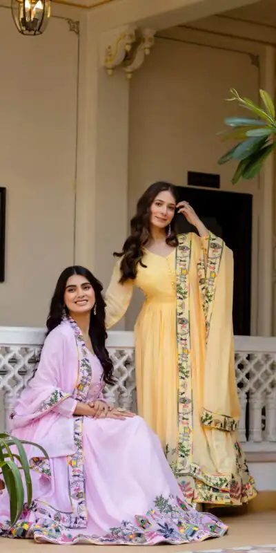 RR 41 Pink Faux Georgette Gown Perfect for Wedding, Party, Makar Sankranti, Karwa Chauth, Ethnic Day – . Now at just ₹2599. Delivery 4-6 Working D | Bollywood Gowns, Creative Gowns, Designer Gowns, Embroidered Gowns, Gowns, Party Wear Gowns