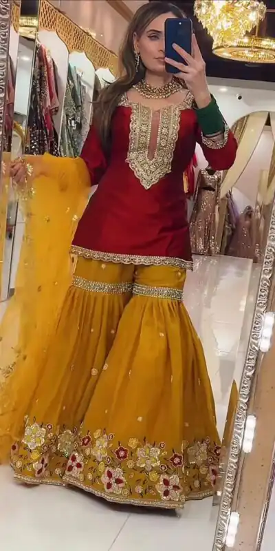 NF 1272 Red Faux Georgette Gown Perfect for Wedding, Party, Makar Sankranti, Karwa Chauth, Ethnic Day – . Now at just ₹2449. Delivery 4-6 Working D | Jump Suits, Straight Suits, Casual Suits, Creative suits, Designer Suits, Palazzo Suits, Party Wear Suits, Patiala Suits, Salwar suit